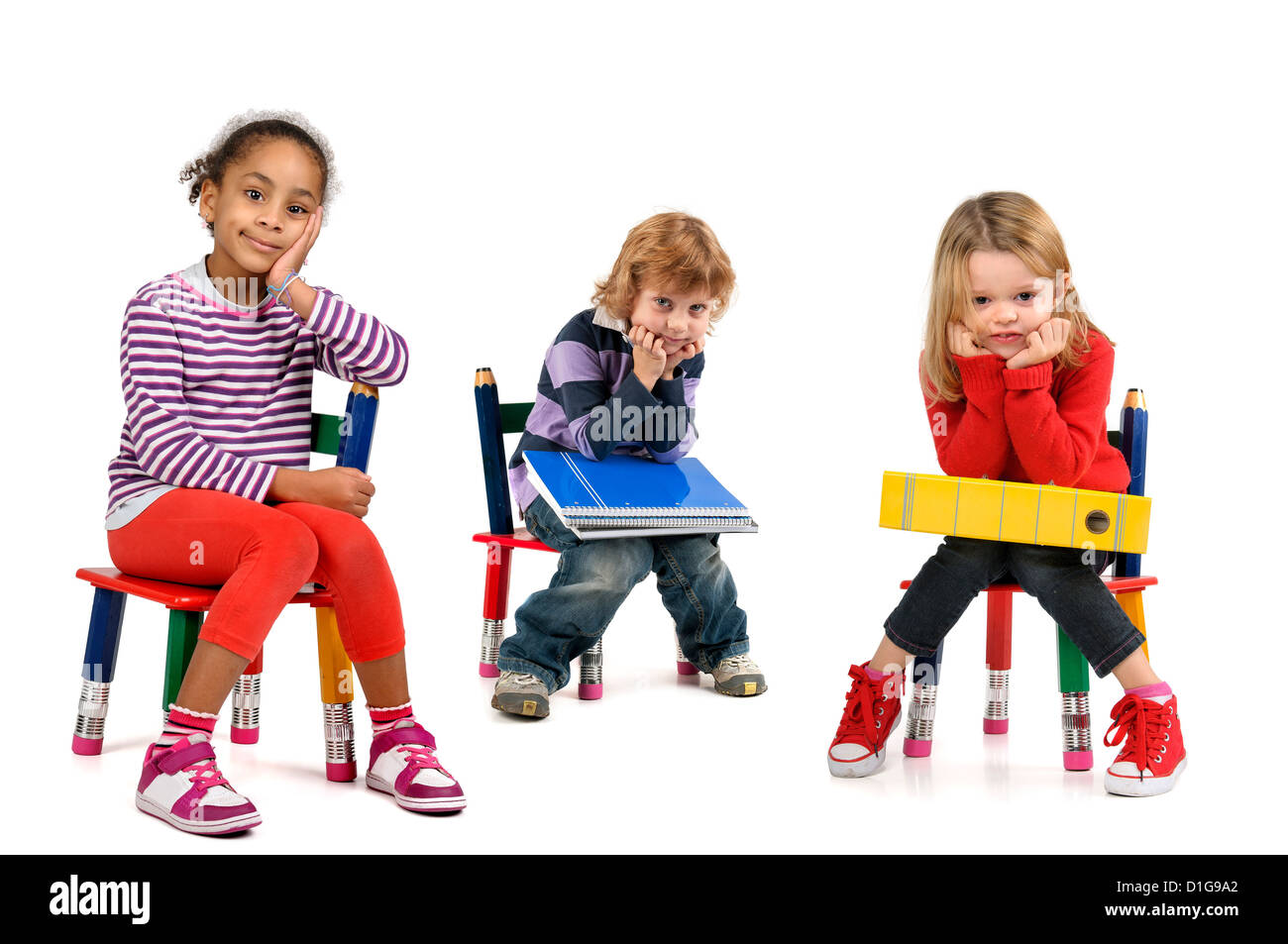 Young students seated in a chair isolated in white Stock Photo Alamy