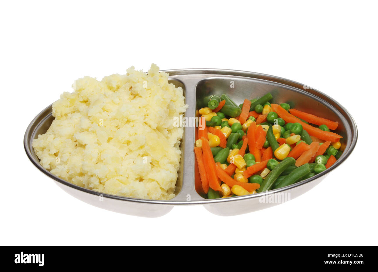 Mashed potato and mixed vegetables in a serving dish isolated against white Stock Photo
