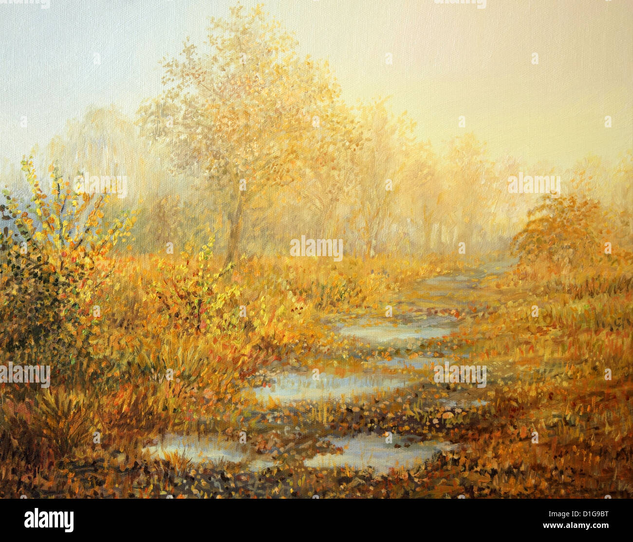 An oil painting on canvas of a warm, misty early morning landscape in