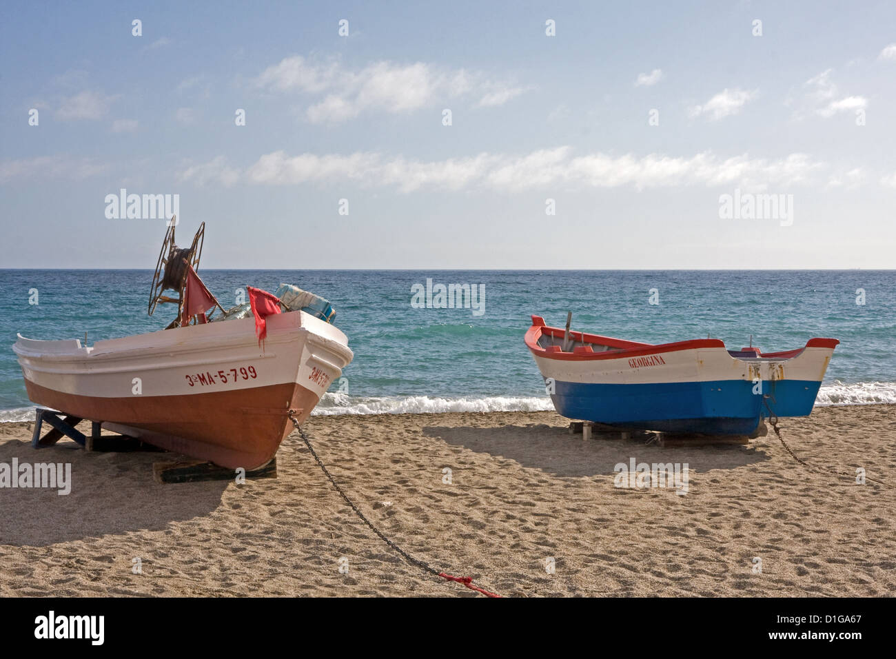 Colourfull fishing boats on Playa de Burriana, Nerja, Spain Stock Photo