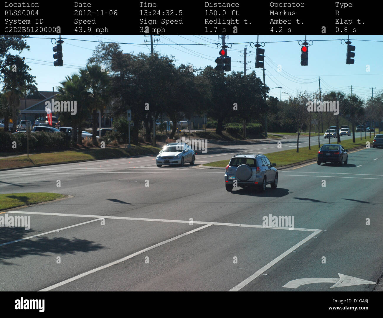 Gulf Breeze Police Department traffic camera photographing a silver Toyota Rav4 running a red light in Gulf Breeze, Florida. Stock Photo