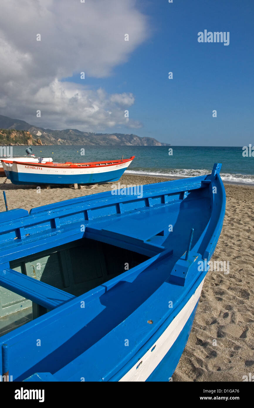 Colourfull fishing boats on Playa de Burriana, Nerja, Spain Stock Photo