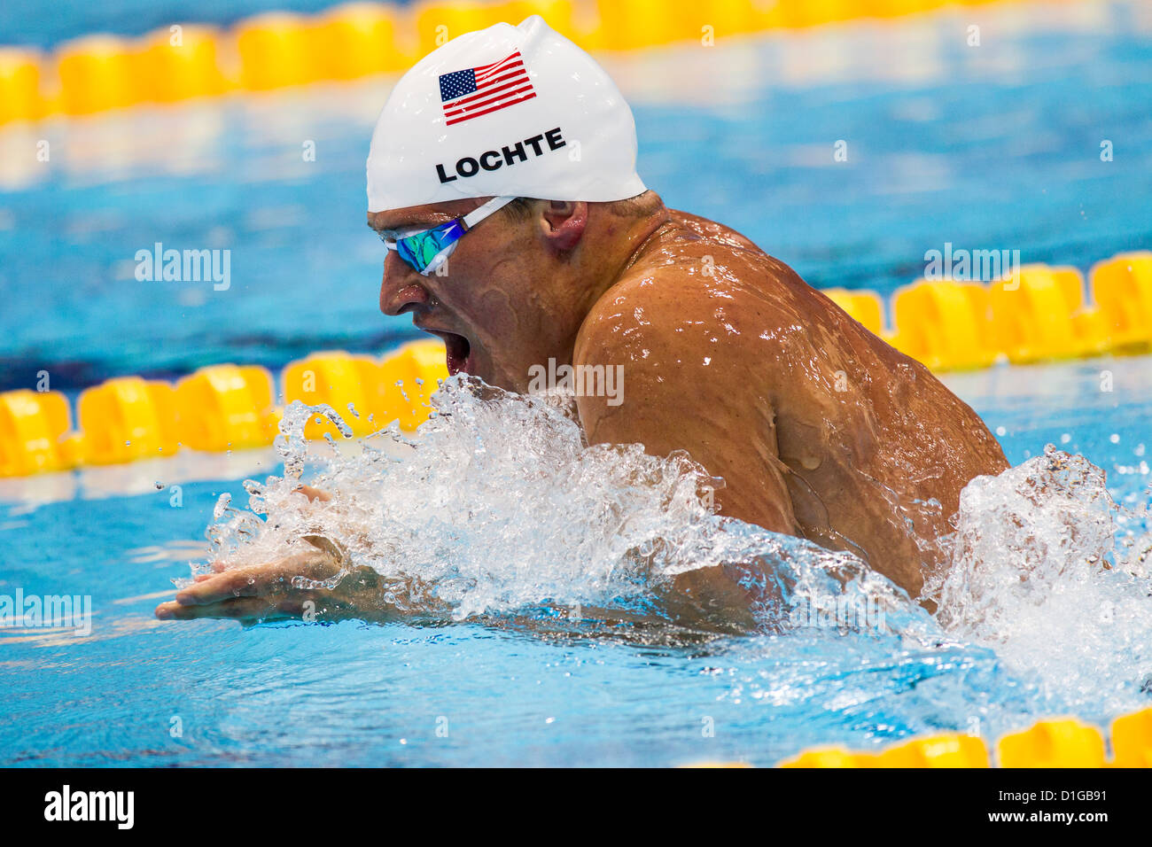 Ryan Lochte (USA) competing in the breaststroke leg of the Men's 400m Individual Medley Heat at the 2012 Olympic Stock Photo