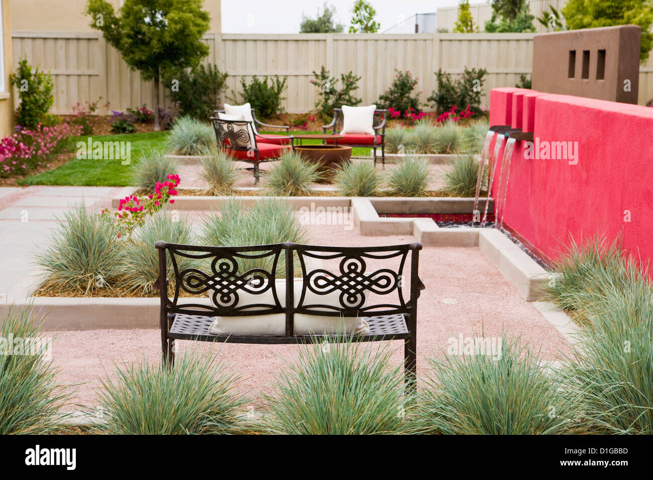Back patio with contemporary fountain; San Diego; California; USA Stock Photo