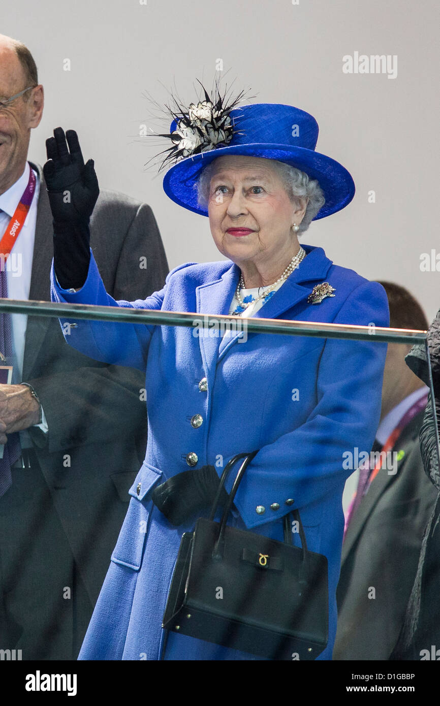 Britain's Queen Elizabeth II watches the morning session of the Swimming competition July 28, 2012 at the 2012 Olympic Stock Photo