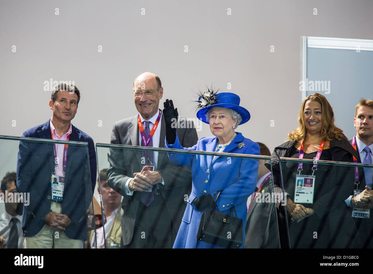 Britain's Queen Elizabeth II watches the morning session of the Swimming competition with L Chairman Lord Sebasian Coe, Stock Photo