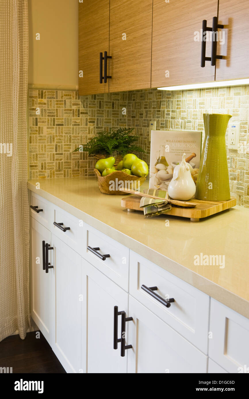 Decorations on countertop in contemporary kitchen; San Diego; California; USA Stock Photo