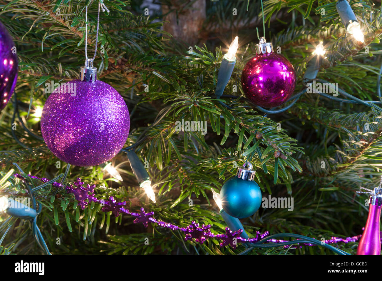 Christmas tree Hordman pine fir decorated with twinkling lights and baubles in green purple and pink, some blurred out of focus Stock Photo