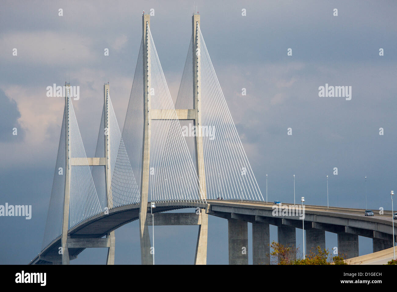 Sidney Lanier Bridge is a cable-stayed bridge carrying Route 17 over the Brunswick River in Brunswick, Georgia, Stock Photo