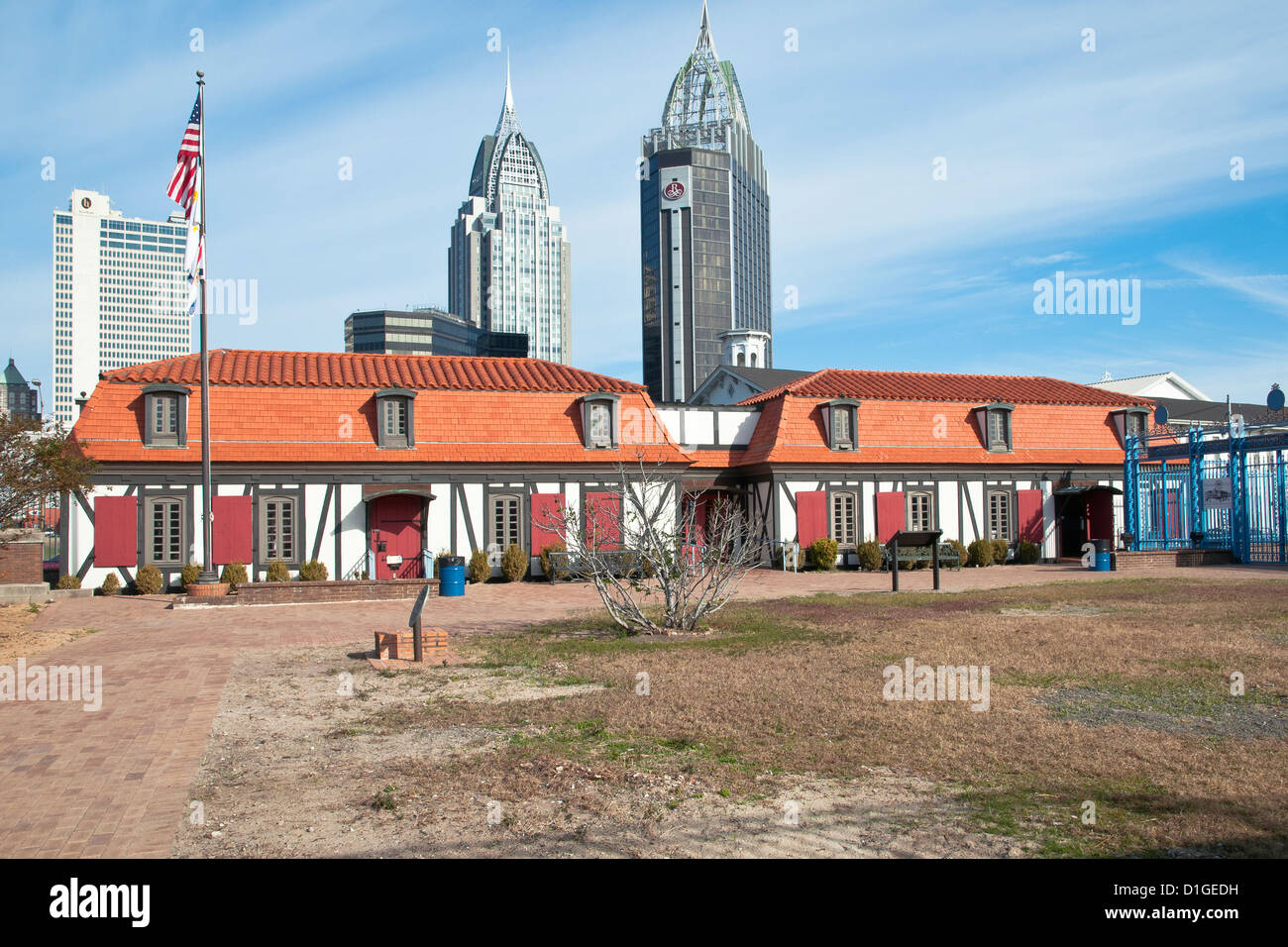 Interior of Fort Condé, with downtown Mobile in background, Mobile