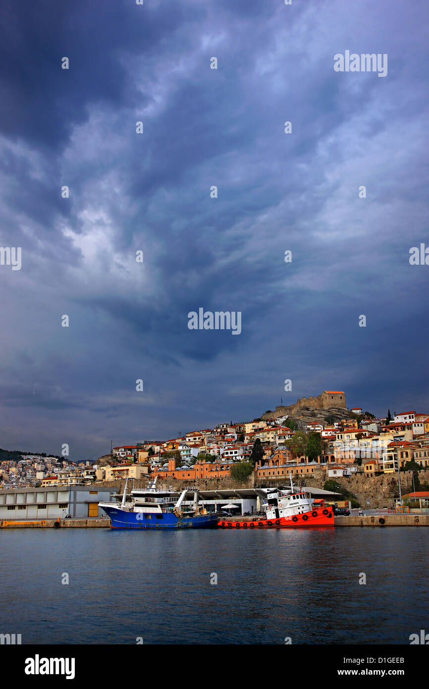 Partial view of the old part of Kavala city, Macedonia, Greece. You can see  the port, the Imaret (poorhouse)  and the castle. Stock Photo