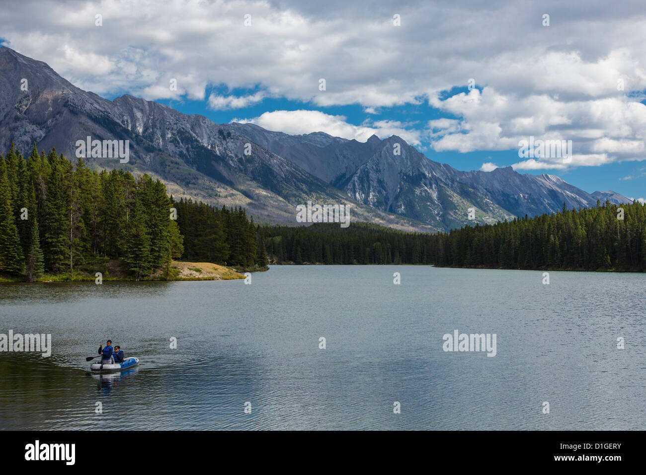 People in canoe on Johnson Lake near town of Banff in Banff National