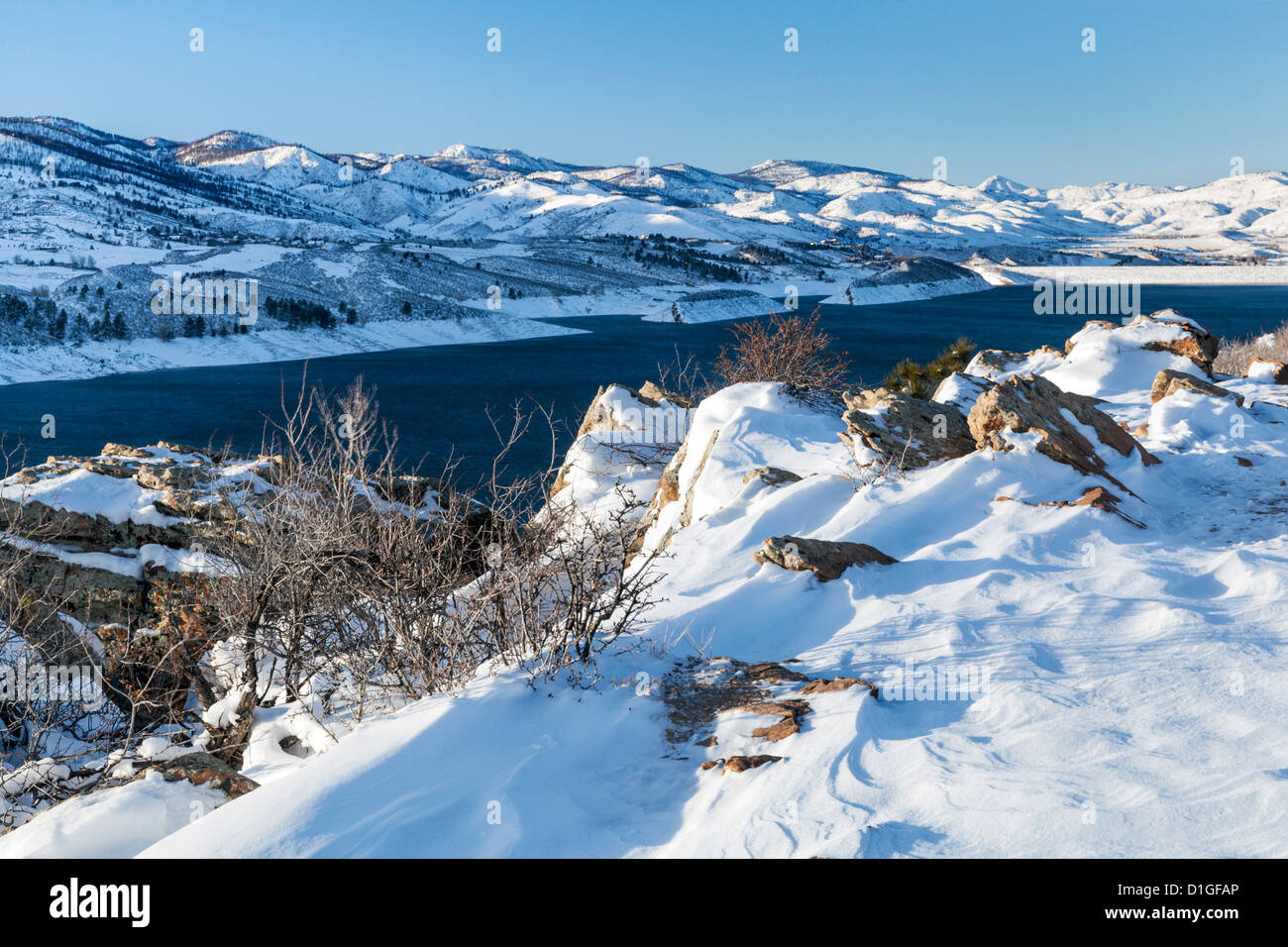 snow covered trail Horsetooth Reservoir and dam at Rocky Mountains
