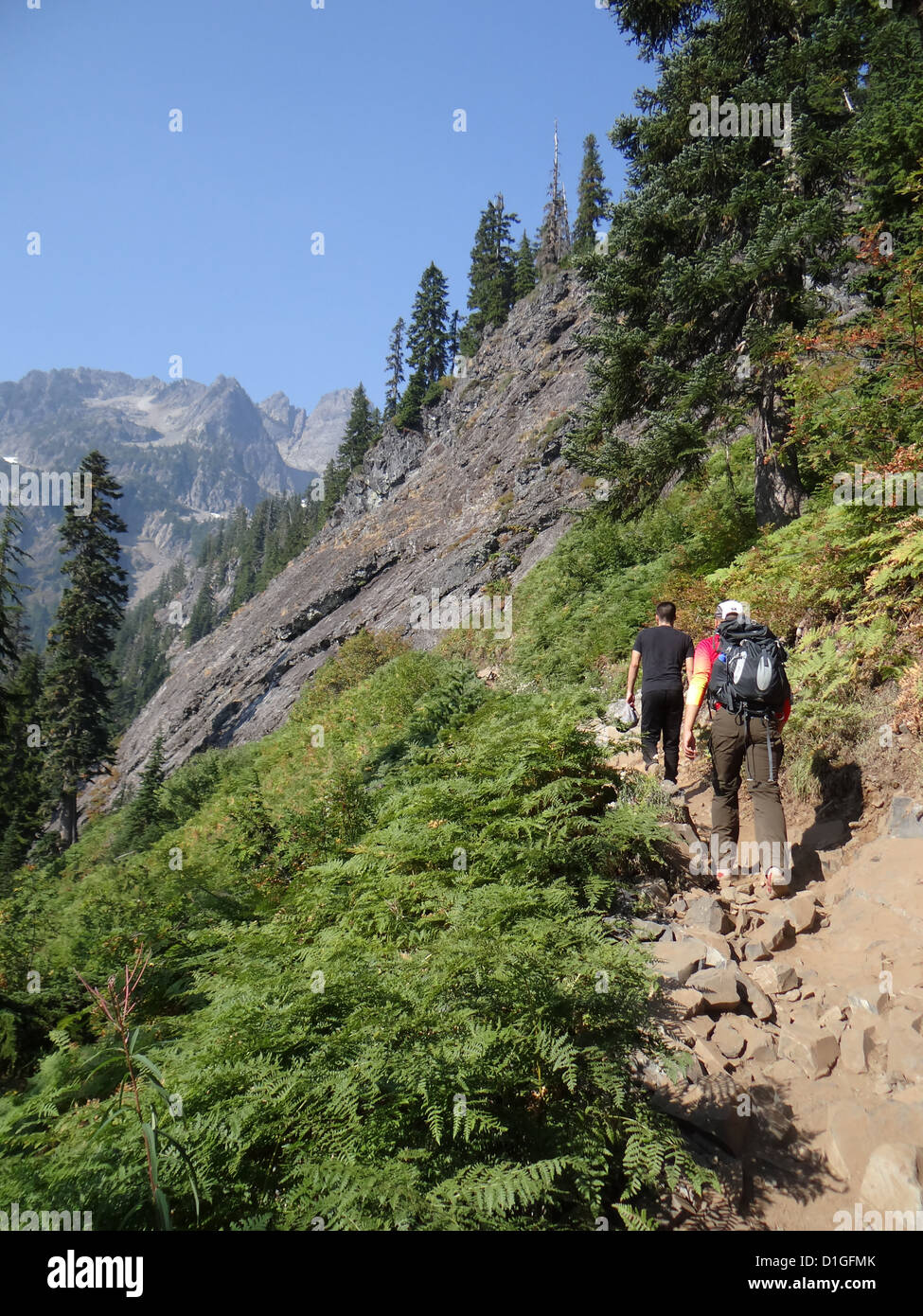 Hikers climbing steep mountain trail with switchbacks near Snoqualmie
