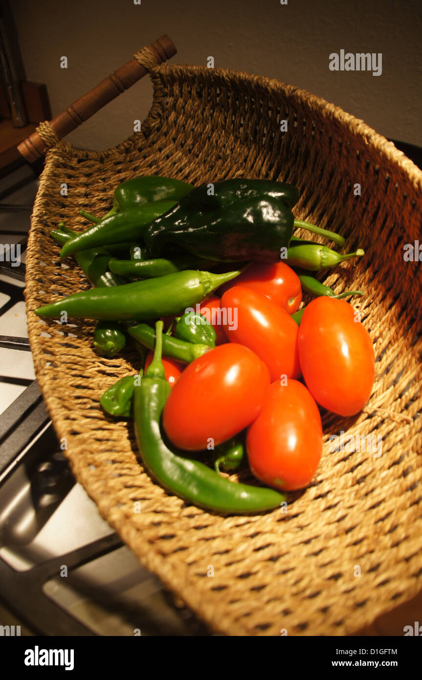 Fresh green peppers and red tomatoes in a wicker basket from a Seattle garden Stock Photo