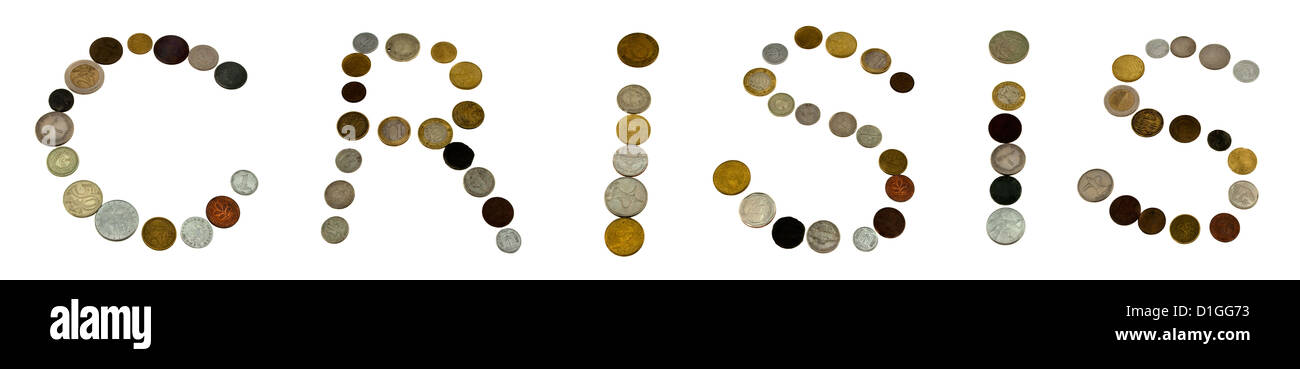 the word "crisis" written with coins on white background Stock Photo ...
