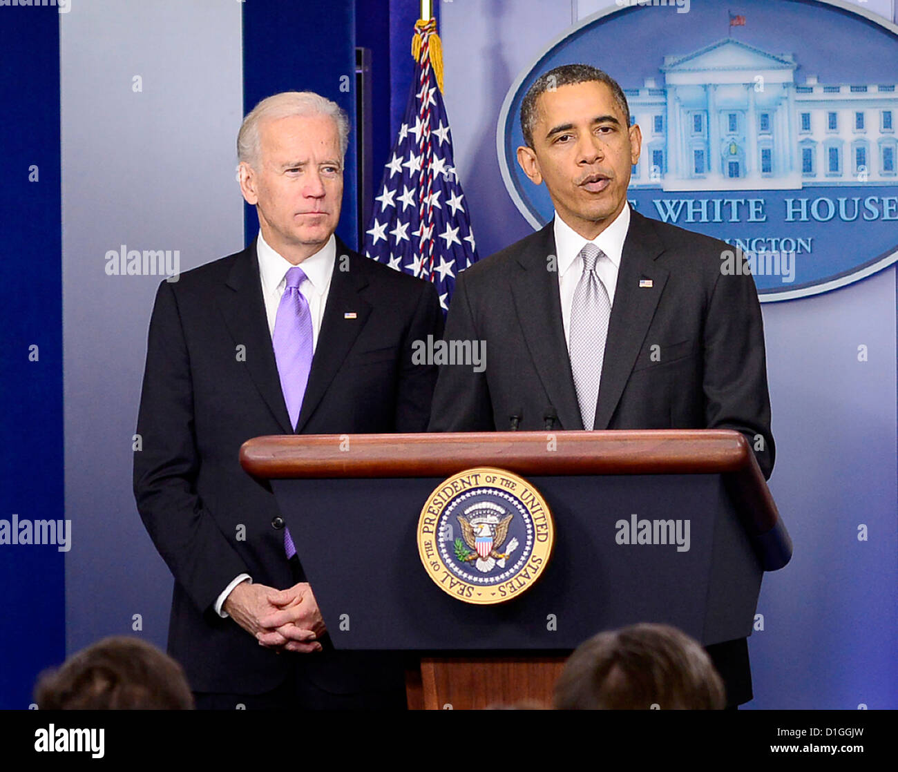 United States President Barack Obama makes a statement about how his administration will pursue a Weapons control policy in the wake of the Newtown tragedy in the Brady Press Briefing Room on Wednesday, December 19, 2012. Vice President Joe Biden stands at left..Credit: Ron Sachs / CNP Stock Photo