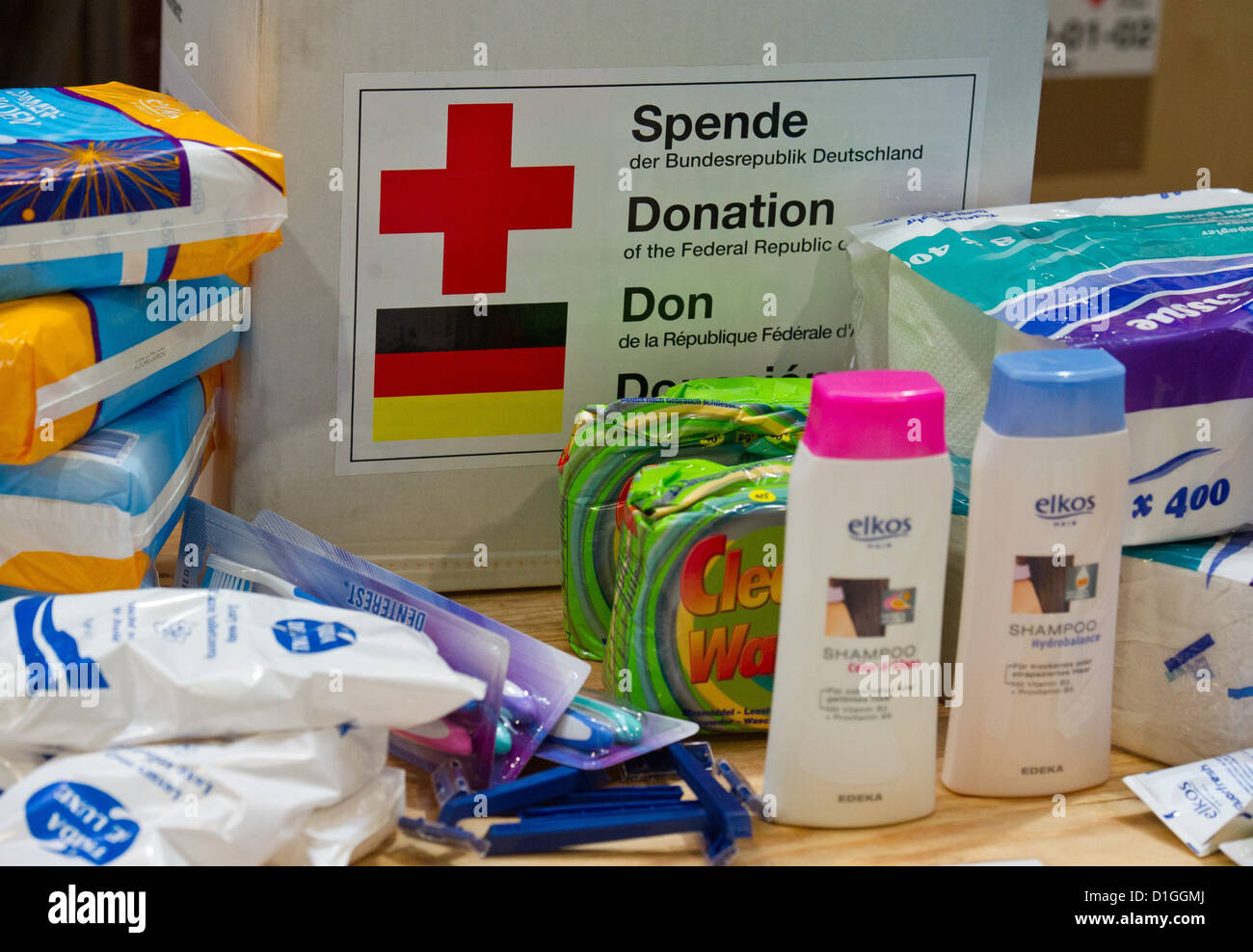 The contents of a hygiene aid parcel is seen at the logistics centre of the German Red Cross in Schoenefeld, Germany, 19 December 2012. A flight with aid parcels is supposed to start from Berlin-Schoenefeld Airport to Damascus in Syria in the night fron the 19 to 20 December 2012. German Red Cross is the only relief organization which can operate thoughout Syria and cooperates closesly with the Syrian Red Crescent. Photo: PATRICK PLEUL Stock Photo