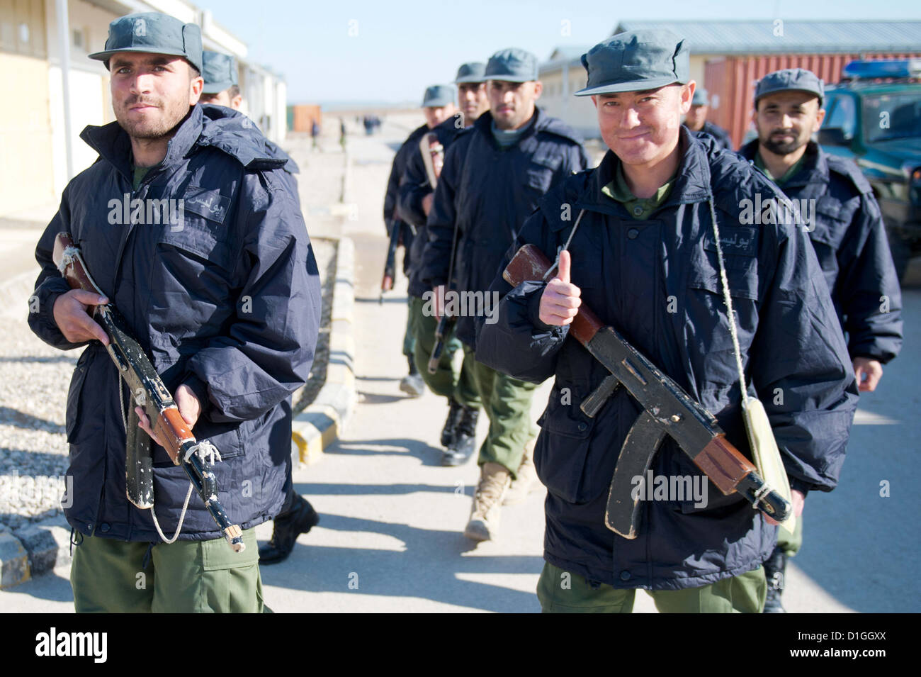Police officers of the Afghan National Police (ANP) attend a training at the ANP police school of RC-North in Masar-i-Sharif, Afghanistan, 20 December 2012. The education of Afghan police is supported by German officers. Photo: Maurizio Gambarini Stock Photo