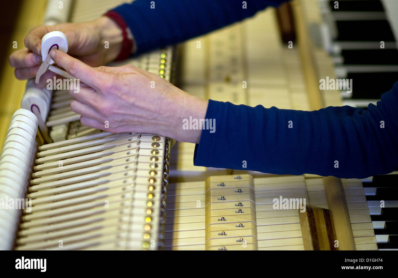Master piano builder Wiebke Wunstorf tunes a concert grand piano at 'Steinway' in Hamburg, Germany, 20 November 2012. Steinway is a manufacturer of pianos and was founded by Henry E. Steinway in New York in 1853. Photo: Axel Heimken Stock Photo