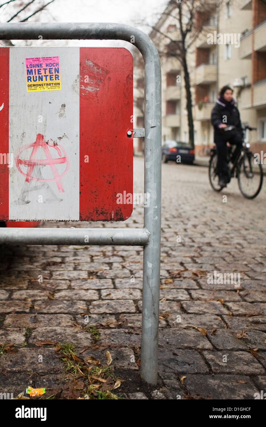 A sticker reading 'Incomes high, rents low' is pictured in Berlin-Neukoelln, Germany, 19 December 2012. Photo: Inga Kjer Stock Photo