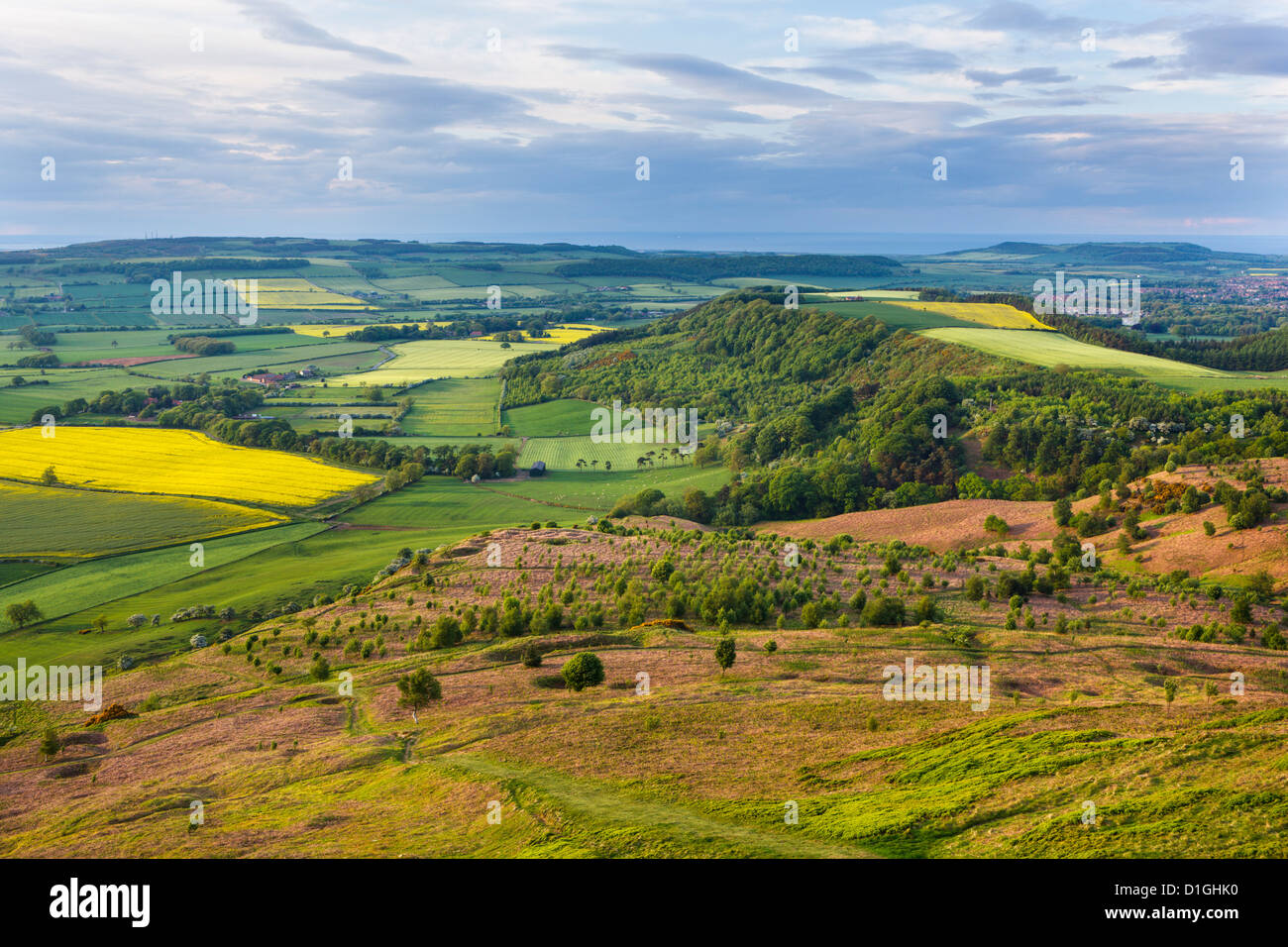 Looking towards Teesside from the top of Roseberry Topping, Great Ayton, North Yorkshire, Yorkshire, England, United Kingdom Stock Photo