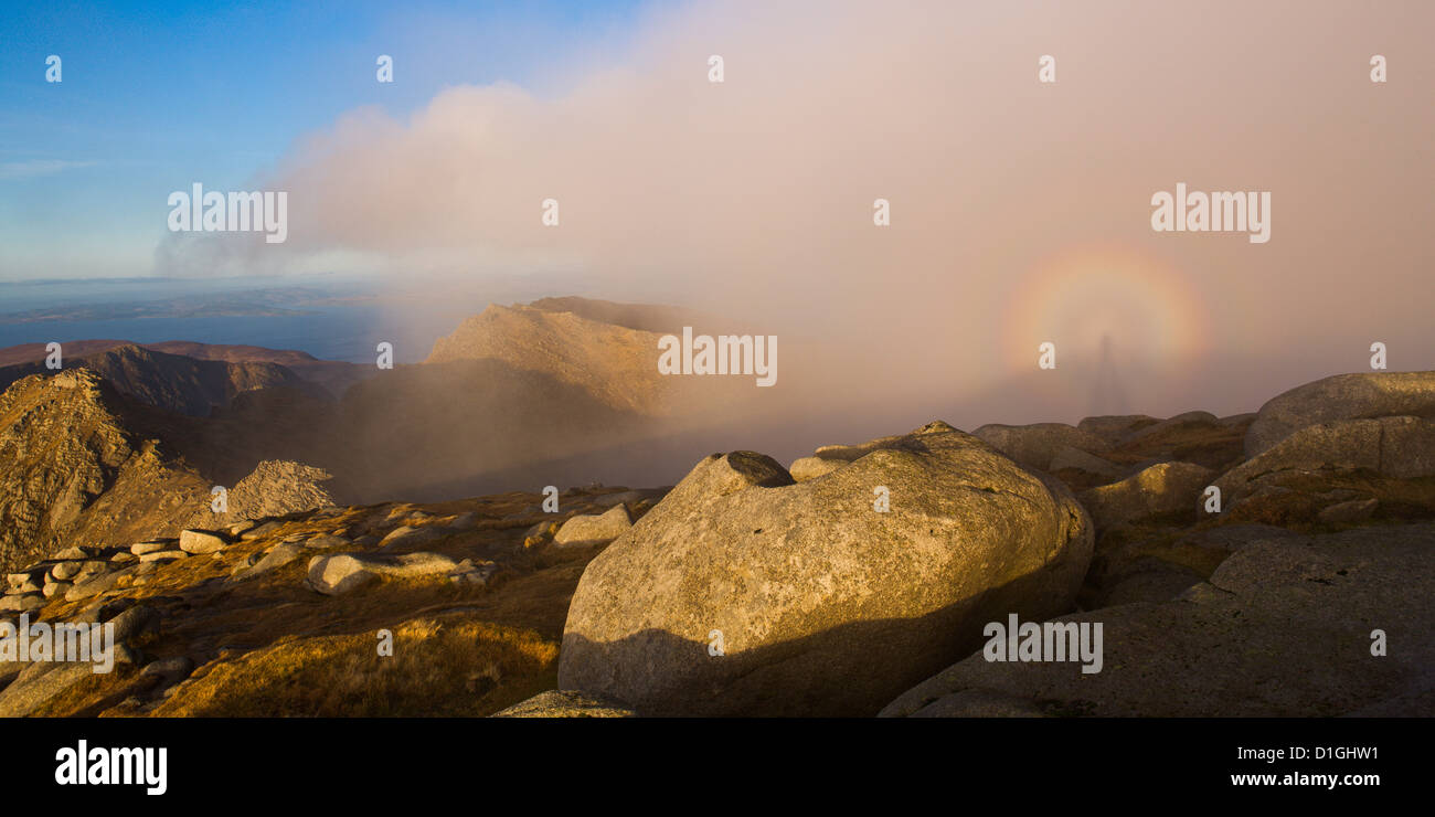 Brocken Spectre on the summit of Goat Fell, Isle of Arran, Scotland, United Kingdom, Europe Stock Photo