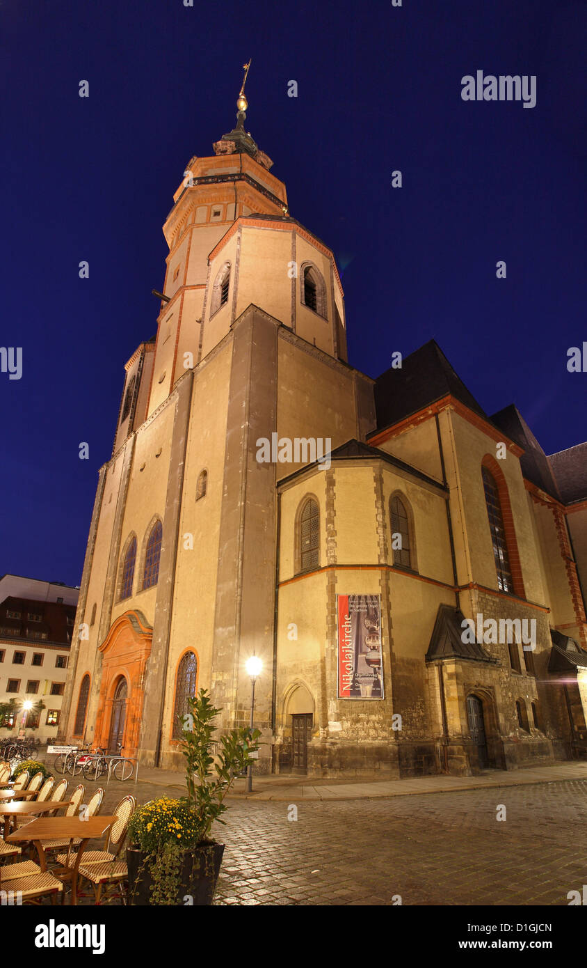 Leipzig, Germany, St. Nicholas Church in the city center at night Stock Photo