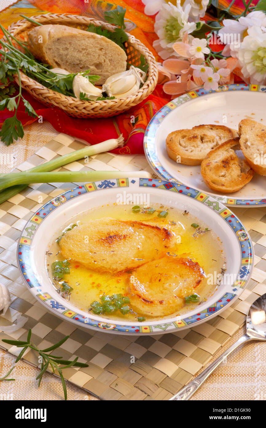 Garlic Soup with croutons Stock Photo