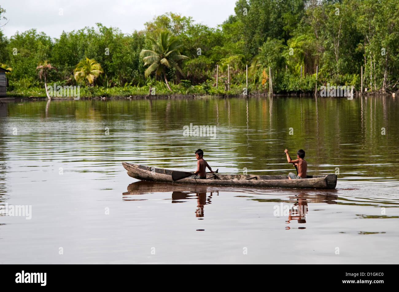 Amerindian boys paddling dugout canoe, Maharuma, Guyana, South America Stock Photo