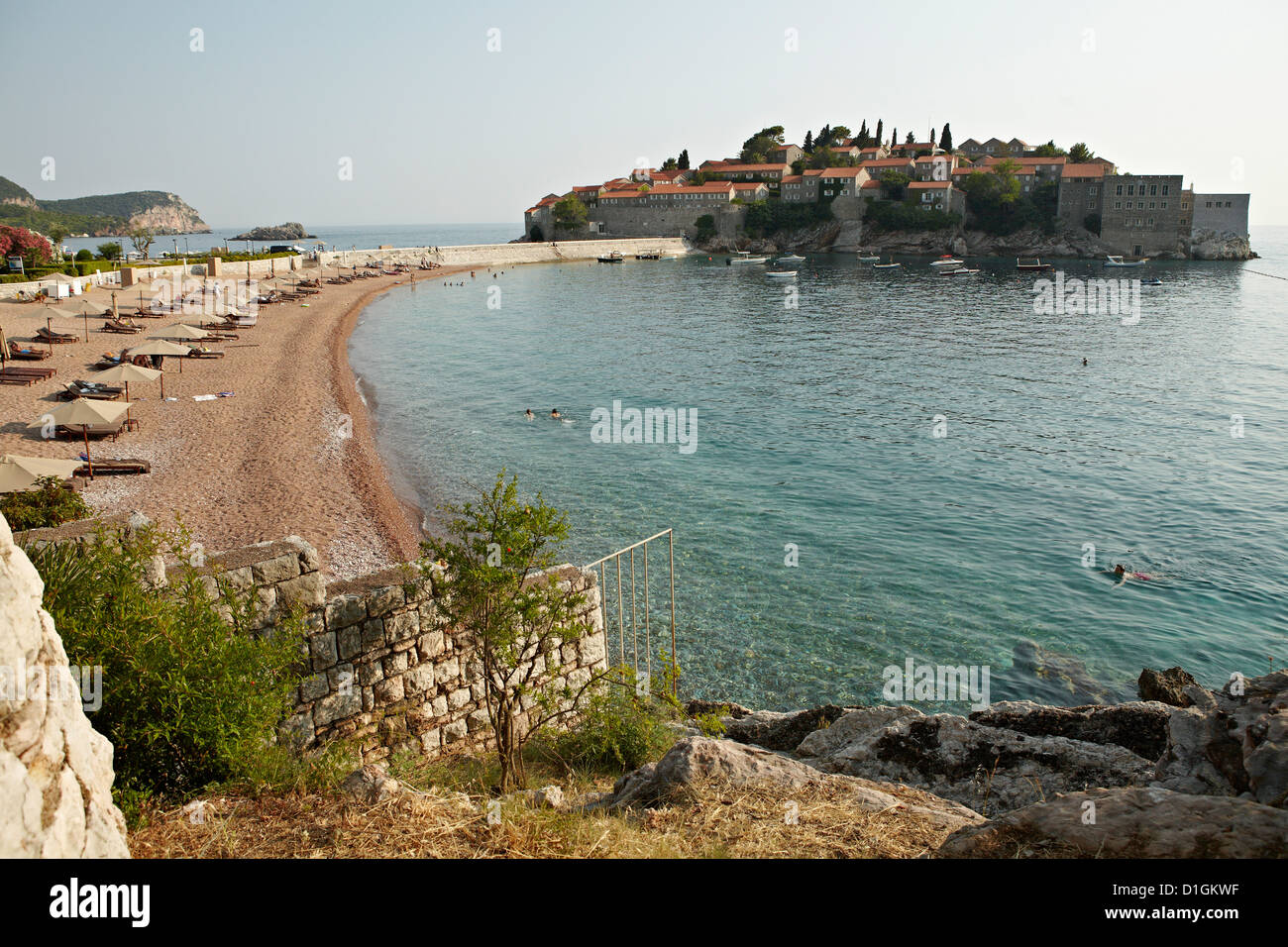 The small islet of Sveti Stefan, now an exclusive Aman hotel resort, Budva, Montenegro, Europe Stock Photo