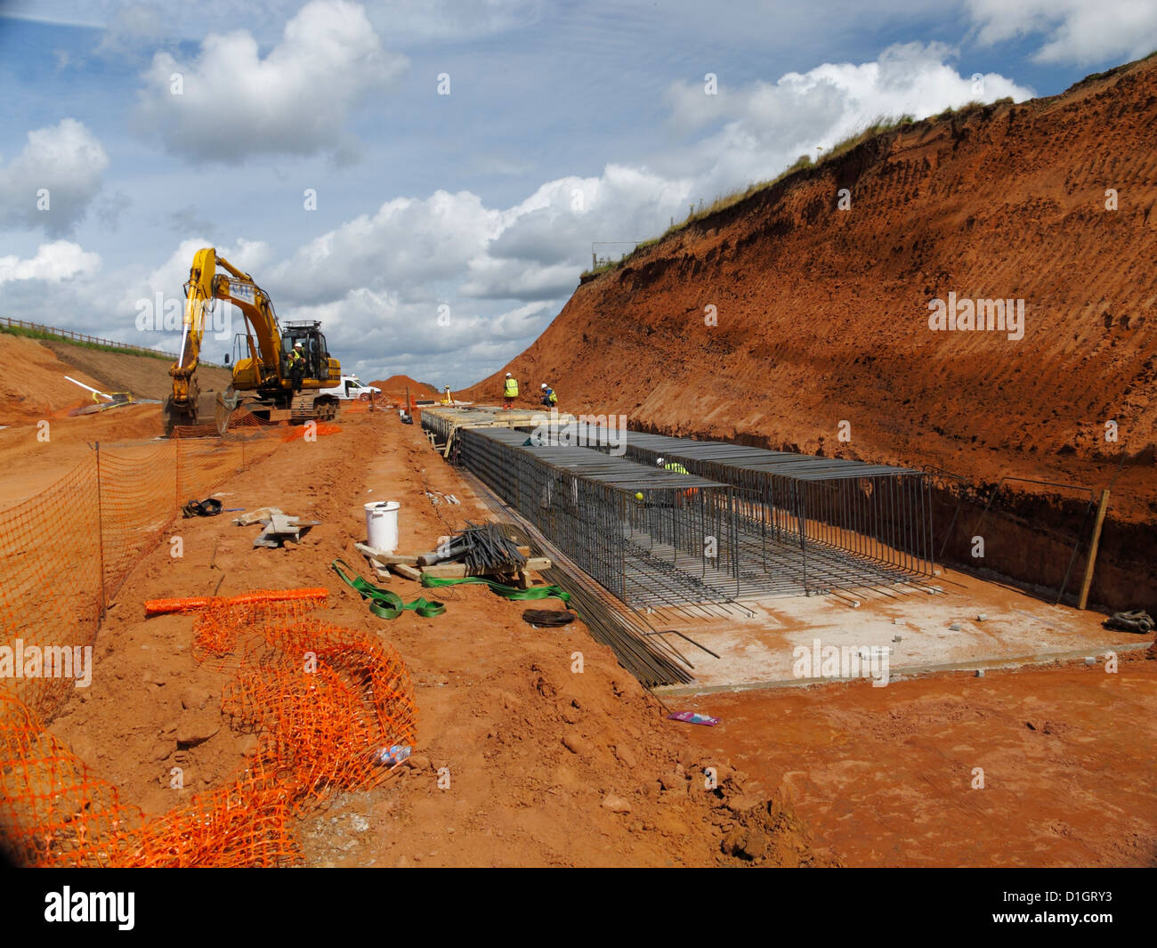 steel reinforcement rebar  of strip foundation of bridge building  on new road construction site uk Stock Photo