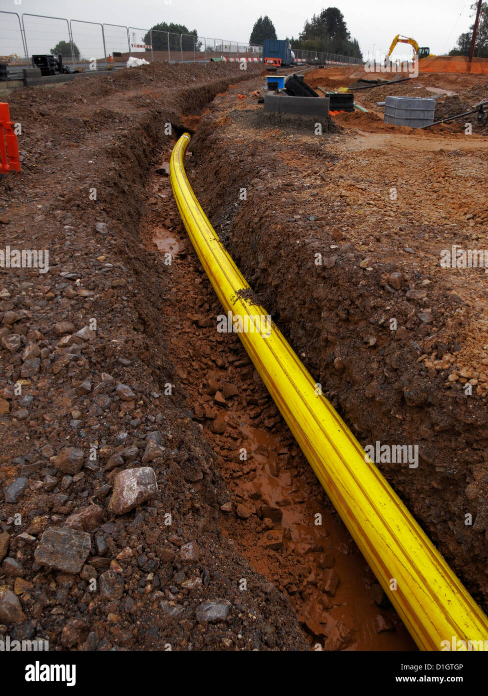 Newly laid yellow high density polythene plastic high pressure gas main