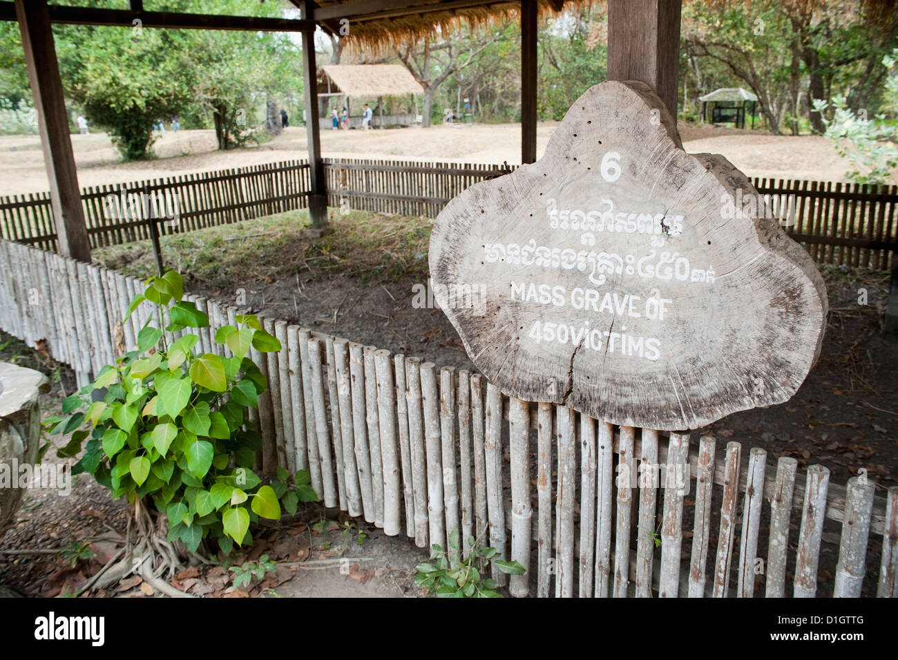 Sign reading Mass Grave of 450 Victims at The Killing Fields, Phnom Penh, Cambodia, Indochina, Southeast Asia, Asia Stock Photo