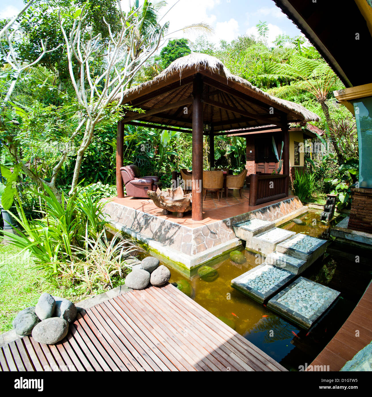 Outdoor area at luxury accommodation near Ubud on the island of Bali, Indonesia, Southeast Asia, Asia Stock Photo