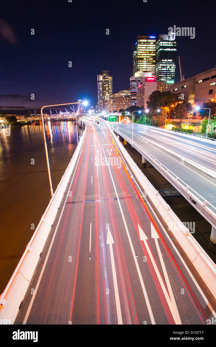 Car light trails at night on a highway in Brisbane, Queensland, Australia, Pacific Stock Photo