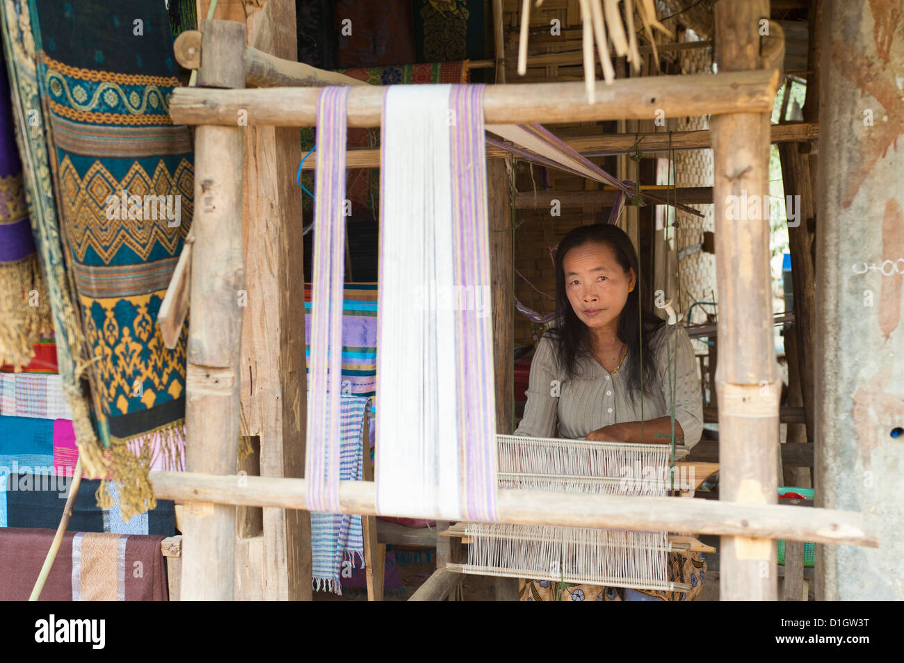 Textile weaving, Luang Prabang, Laos, Indochina, Southeast Asia, Asia Stock Photo