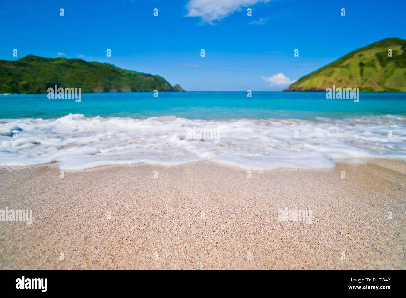 White sands, blue sea and blue sky at Mawun Beach in the South of Lombok, Indonesia, Southeast Asia, Asia Stock Photo