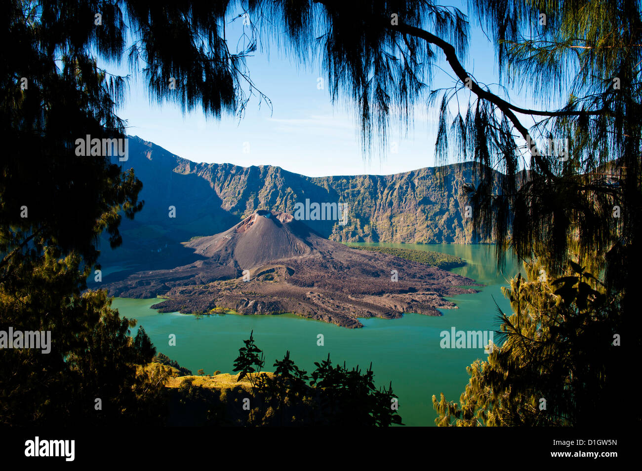 Gunung (Mount) Baru Jari in the centre of Lake Segara Anak at Mount Rinjani, Lombok, Indonesia, Southeast Asia, Asia Stock Photo