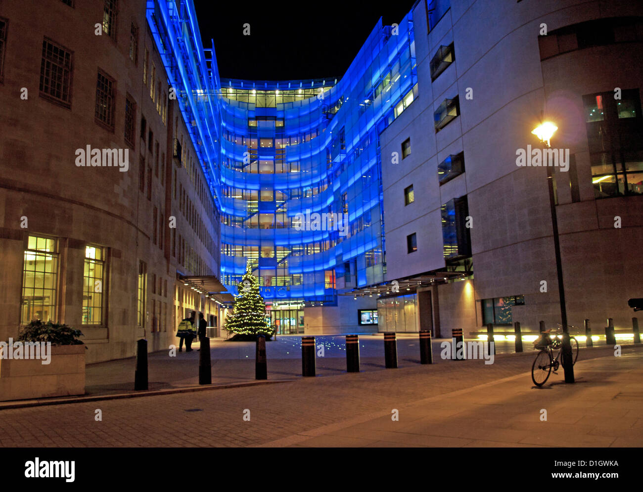 Facade of the new BBC Broadcasting House East Wing at night, Langham Place, City of Westminster, London, England, United Kingdom Stock Photo