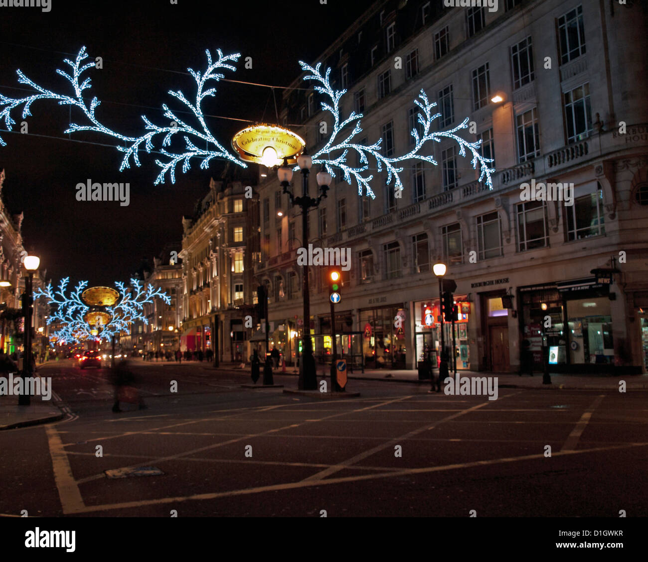 Regent Street at night showing Christmas decorations, City of