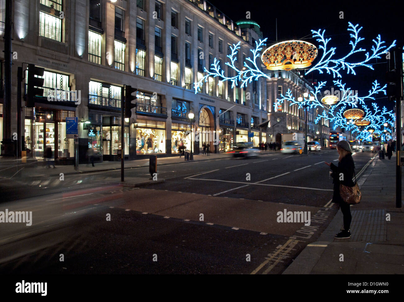 Regent Street at night showing Christmas decorations, City of Westminster, London, England