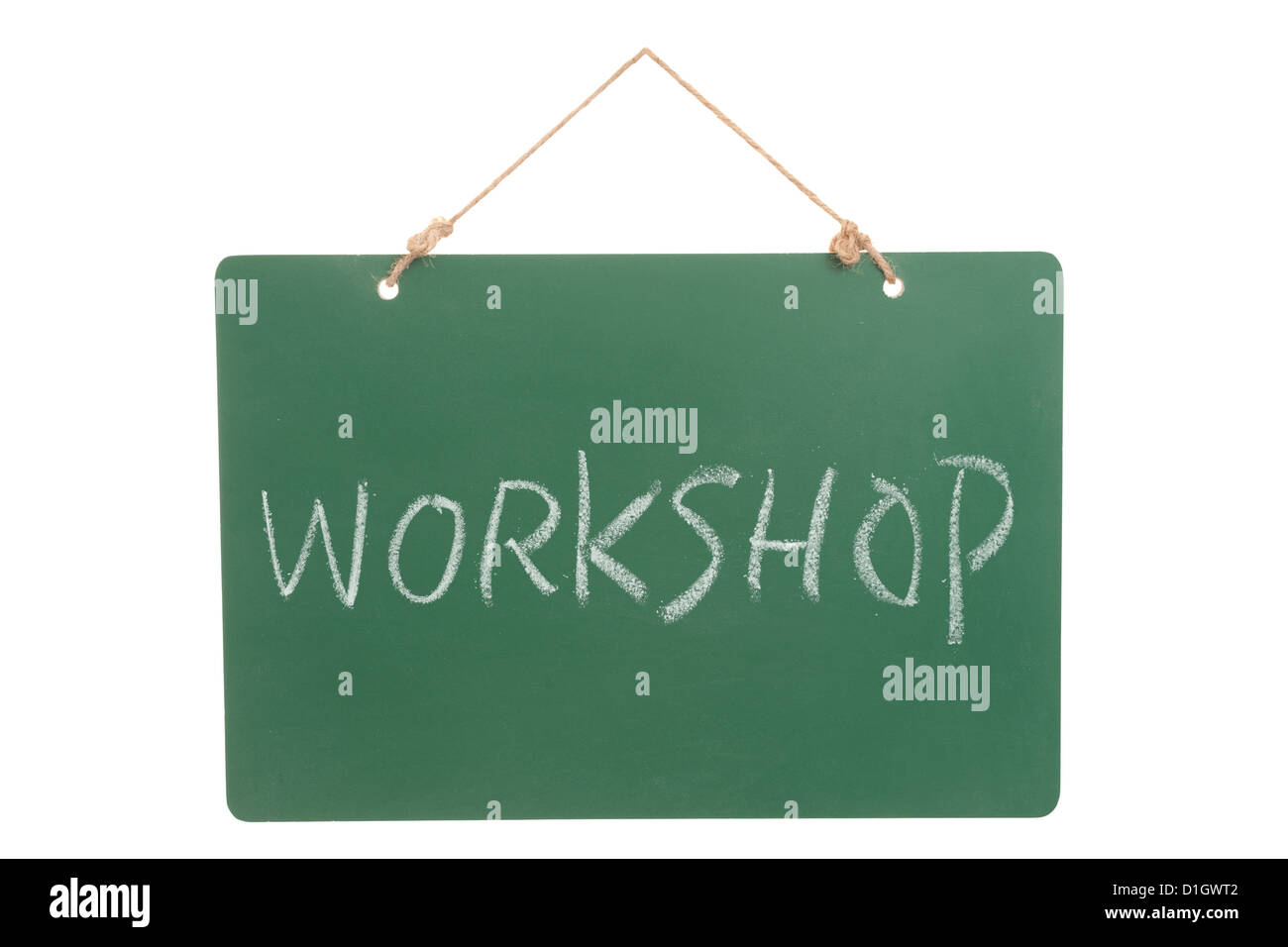 Workshop word on green board hanging by a rope Stock Photo