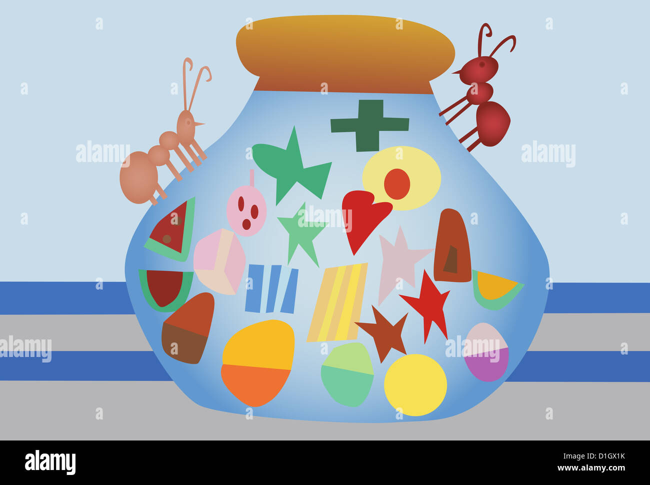 Vector illustration of candy in bottle with ant Stock Photo - Alamy