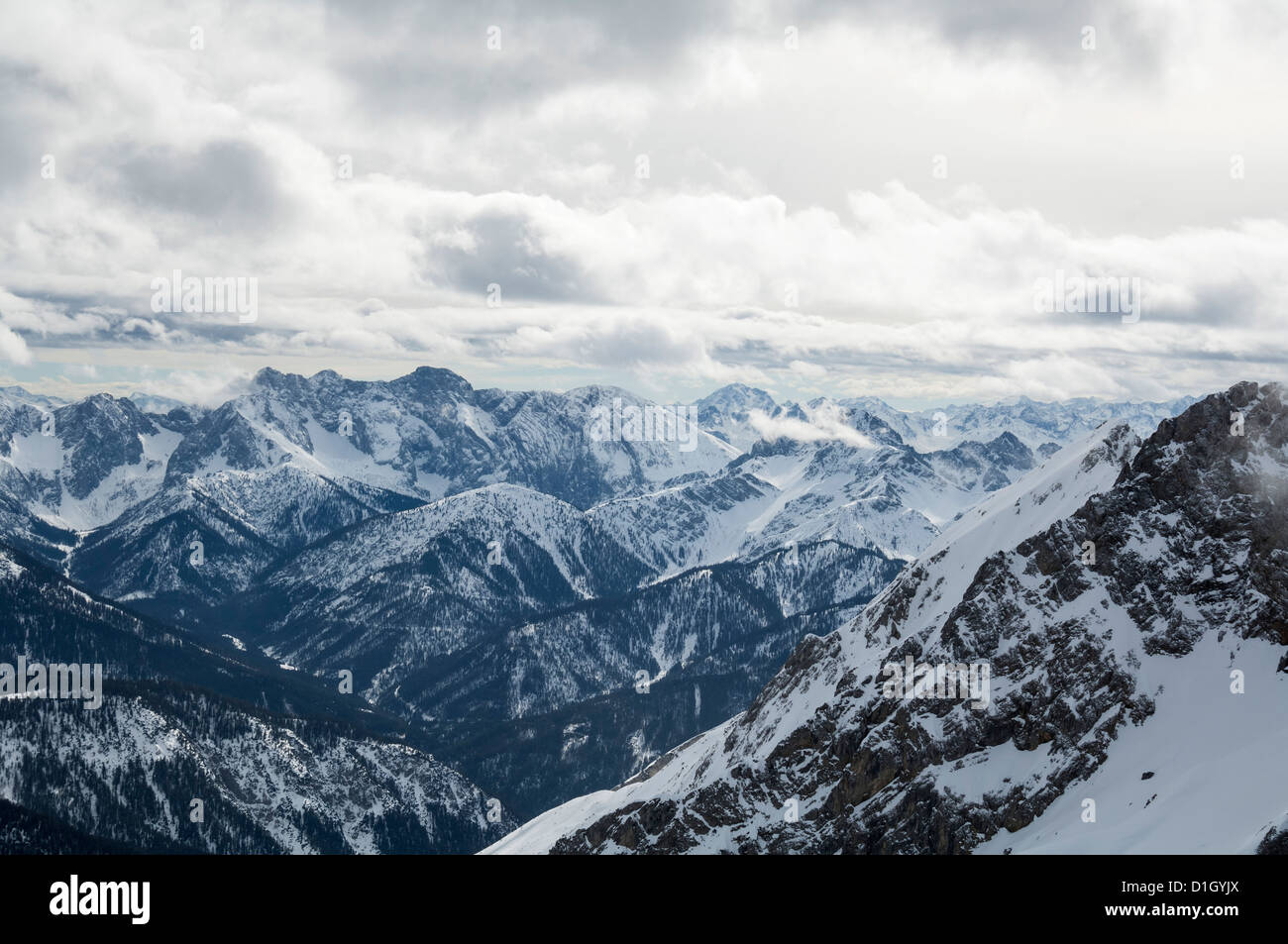 Panorama view from Karwendelspitze to Austrian Alps Stock Photo