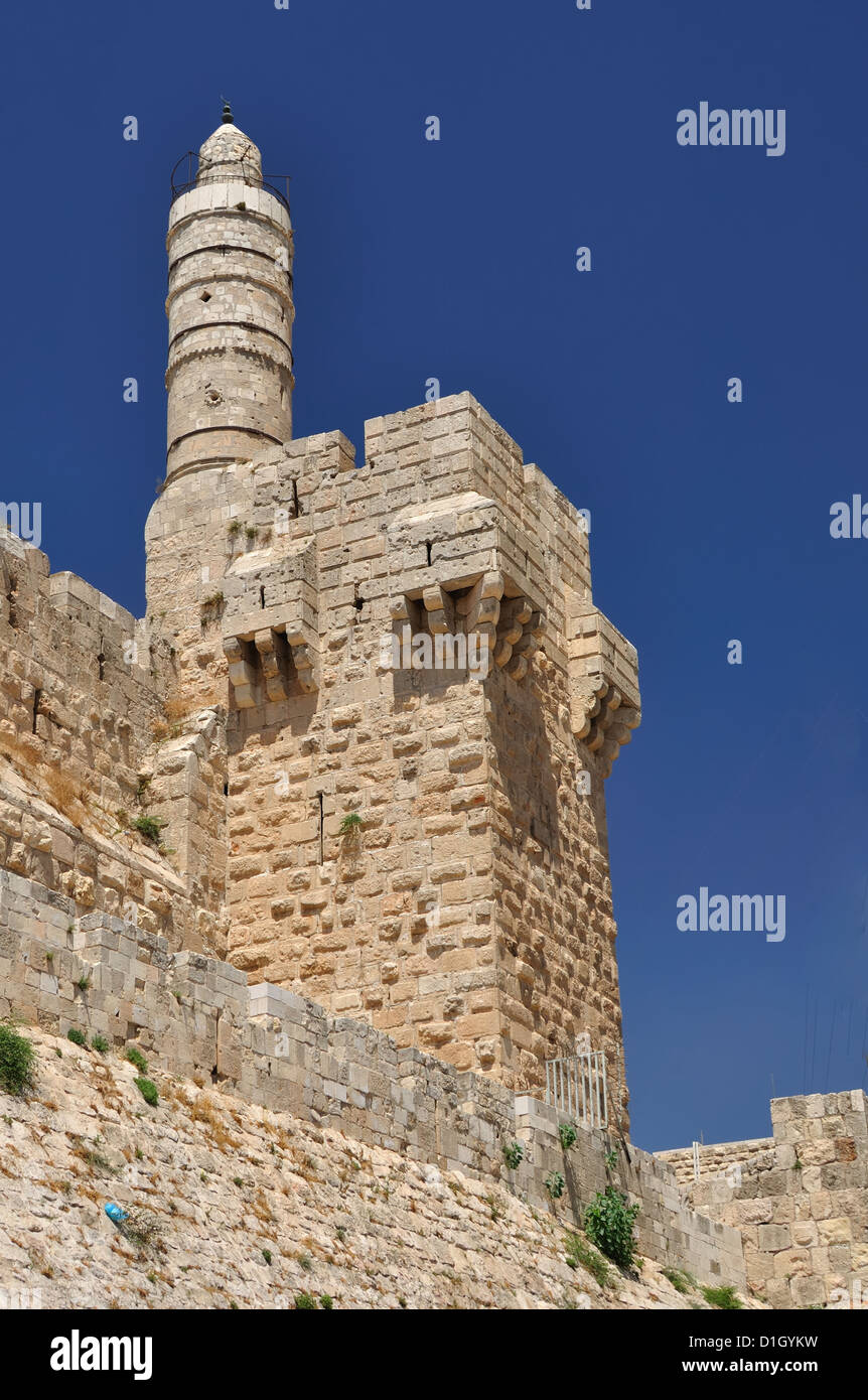 King David citadel and Old Jerusalem wall under blue sky Stock Photo