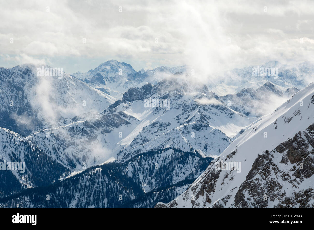 Panorama view from Karwendelspitze to Austrian Alps Stock Photo