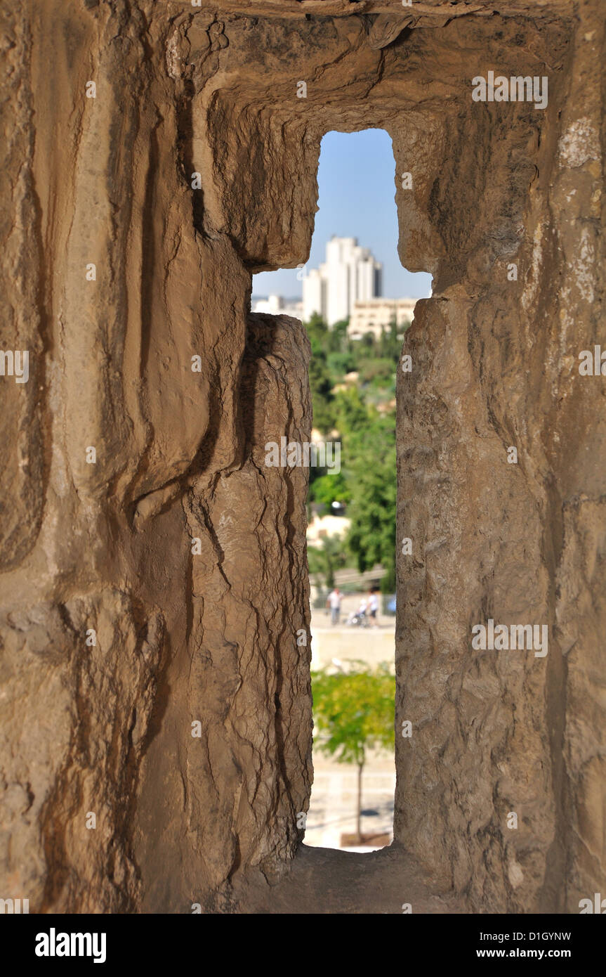 Embrasure in Old Jerusalem wall. Stock Photo