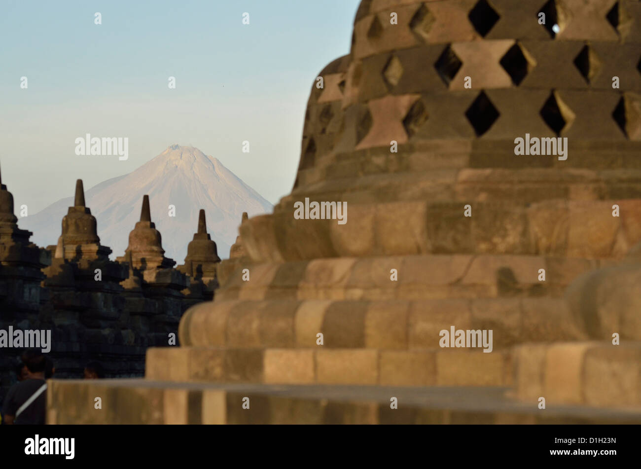 Wonderful views of the Mount Merapi as well as some stupa from the top of Borobudur; Central Java, Indonesia. Stock Photo
