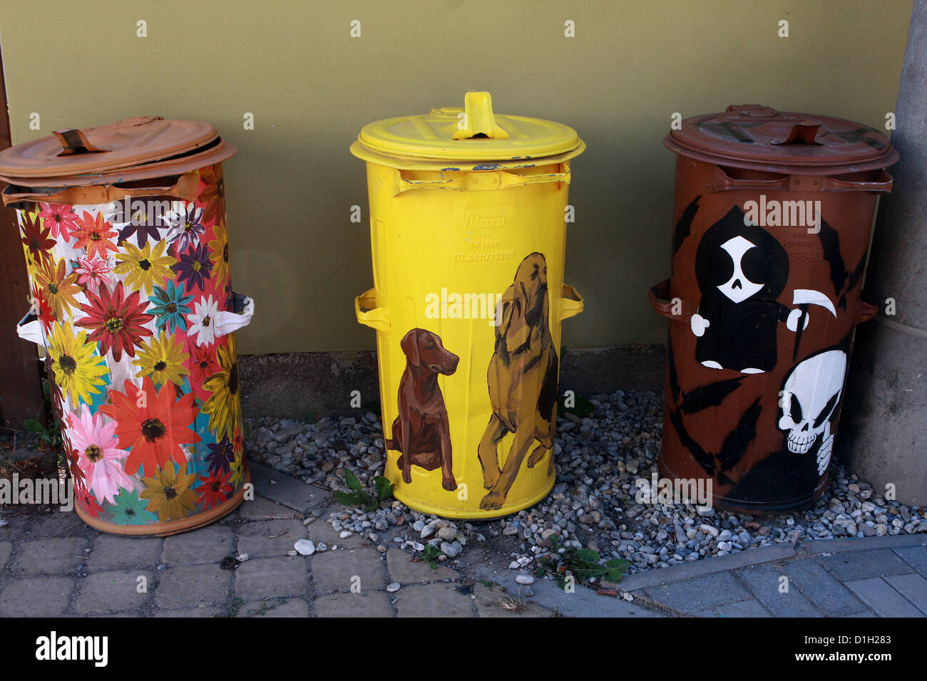 artistically painted bins Stock Photo Alamy